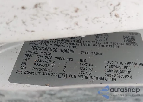 2012 Chevrolet Express 1500 Work Van z USA, uszkodzony, nr VIN 1GCSGAFX9C1164005